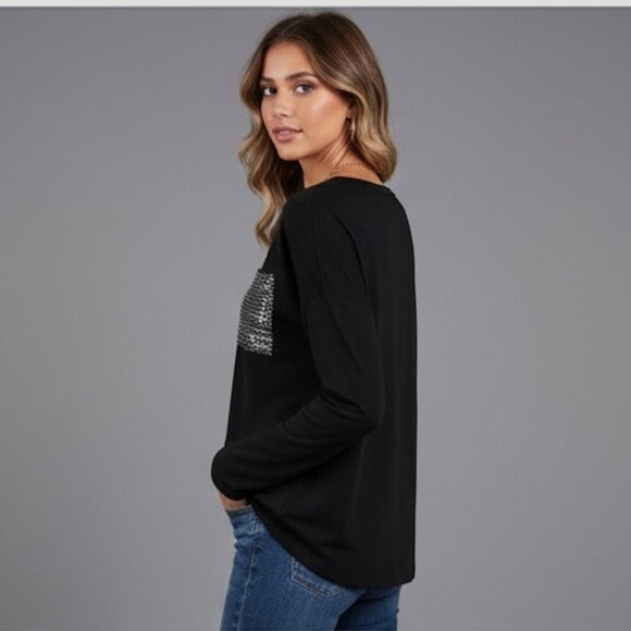 Black Drop Sleeve T-shirt Featuring Contrasting Sequin Pocket Detail - Picture 2 of 8